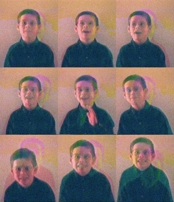 A three-by-three grid of the same boy in a dark shirt against a pale wall, talking to the camera with a different expression in every cell — mouth open, hand raised, head tipped down. Pink and yellow noise lies over all nine.