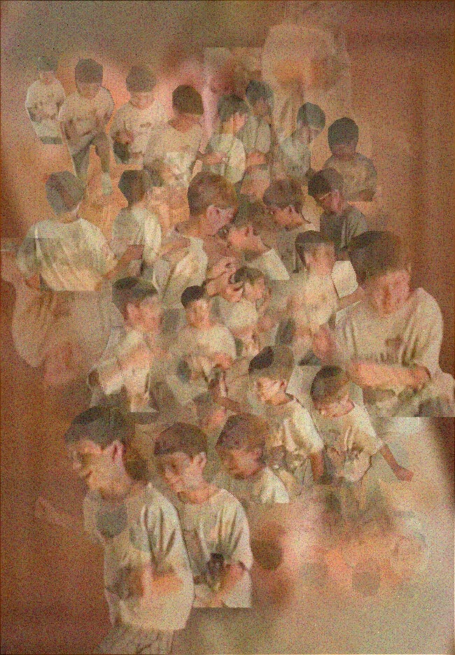A dense sepia montage of many overlapping video frames of children in striped shirts, layered until the same few figures repeat down the picture like a crowd.