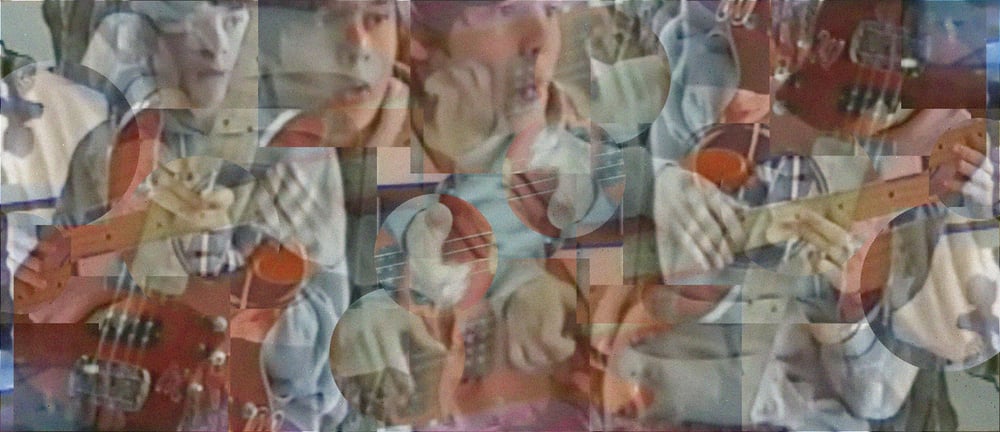 A wide collage of overlapping frames of a teenager playing a red electric bass. Hands, fretboard and face repeat across the picture in cool blues and warm skin tones.
