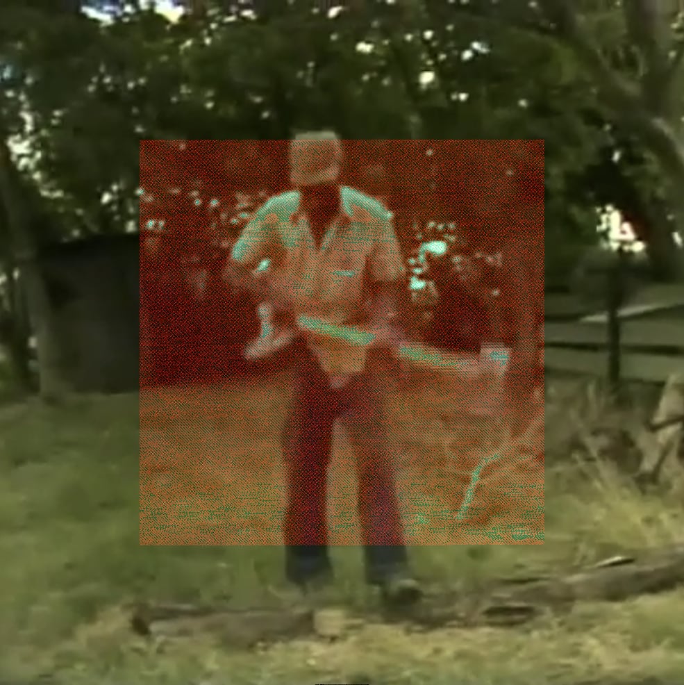 Medium shot of R.L. Burnside standing over a long log in a yard holding an axe, surrounded by grass and trees. The image is VHS-recorded with saturated greens. In the center a square covering roughly a third of the image renders his figure in muted sepia-olive dithered grain, darkening and desaturating the greens within it.