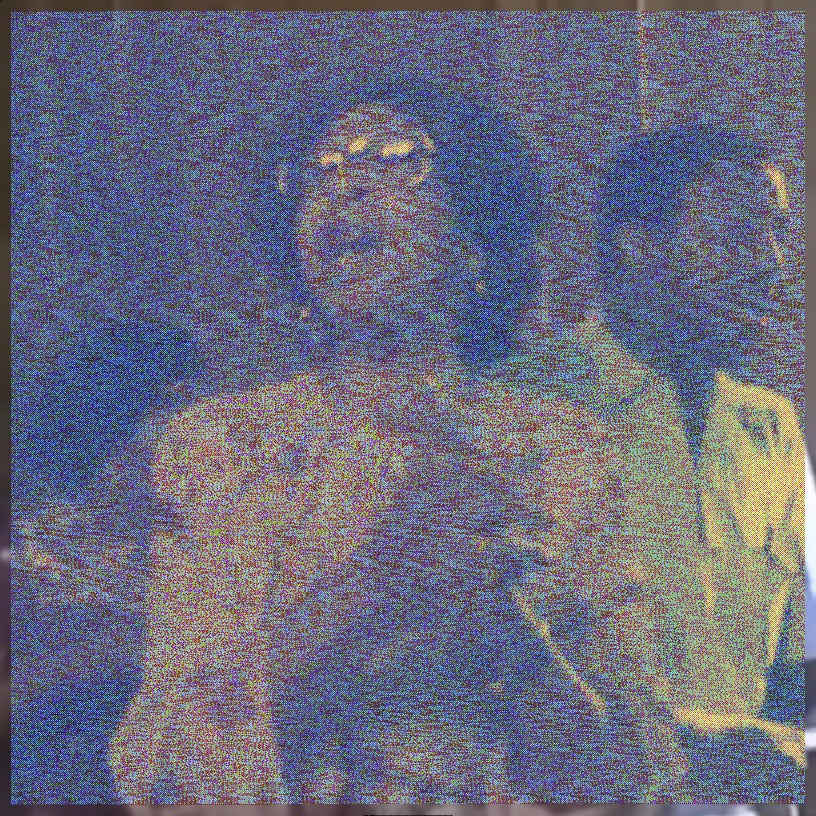 A close-up of Janie Hunter and other Moving Star Hall singers, shot on VHS. The image is washed in noisy violet-blue static — a central figure emerges in warm tan-orange grain, and a second figure at the right edge is rendered in contrasting lime-yellow. The heavy noise gives the scene a murky, submerged quality.