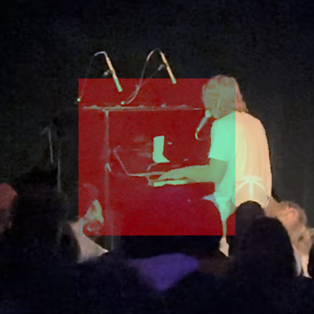 A medium shot of Cameron Winter playing an upright piano on a spotlit stage, facing to the left and away from the audience. He is wearing a white T-shirt, there are two directional microphones hovering above the piano like antennae, facing down. The back of the heads of many audience members are at the base of the image. A centered distortion square covering roughly half the frame renders the piano and stage within it in saturated red against the primarily dark blue and white image.