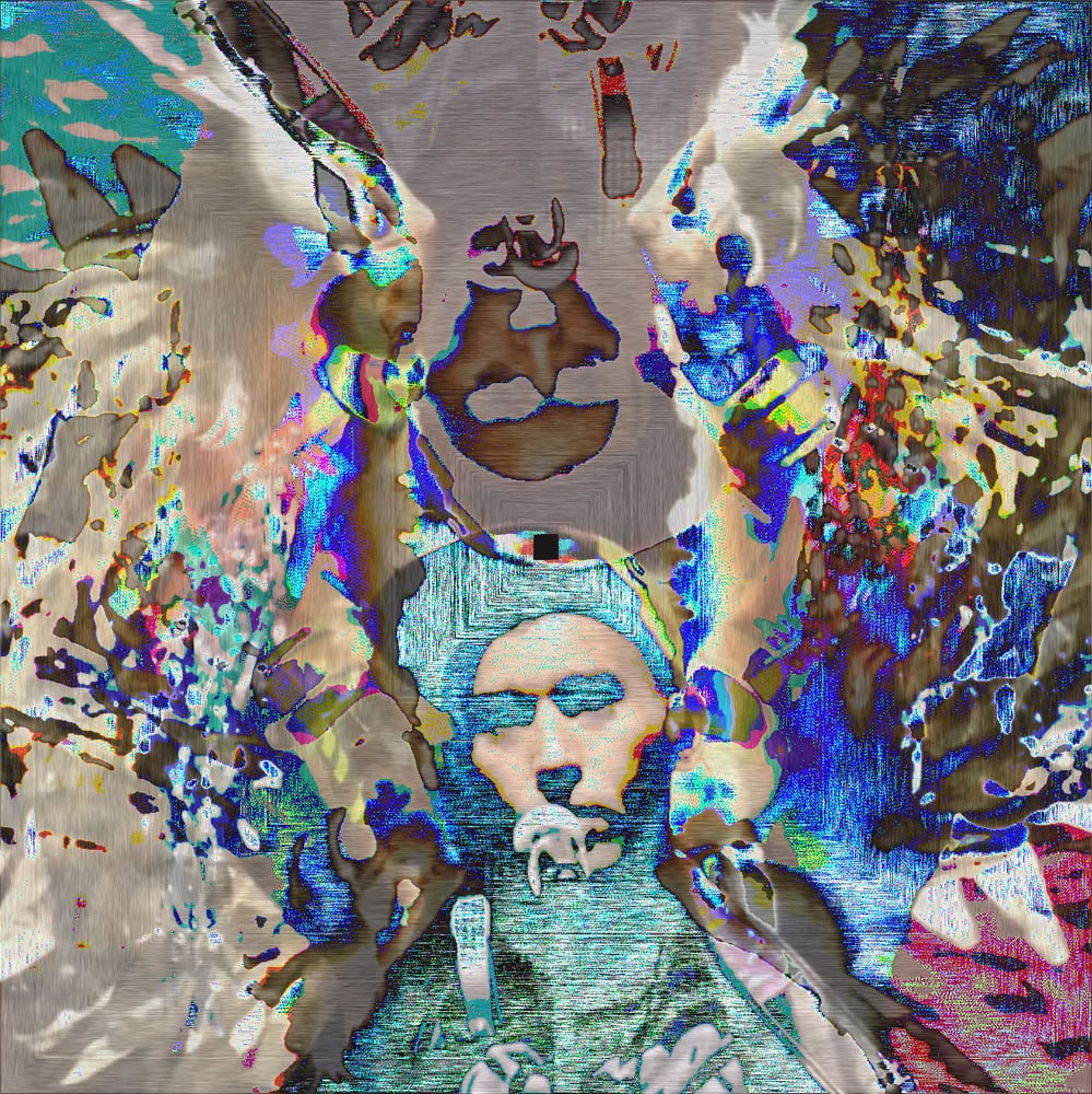 A heavily distorted image with Sufjan Stevens' face at the lower center, cap on, singing into a microphone, arms raised bearing angel wings. The photo is fractured and displaced into a radiating mandala-like pattern of torn fragments in blues, cyans, beiges, and oranges. A ghostlike inverted reflection of his head appears above him, and the wings create large mirrored shapes extending toward the corners.