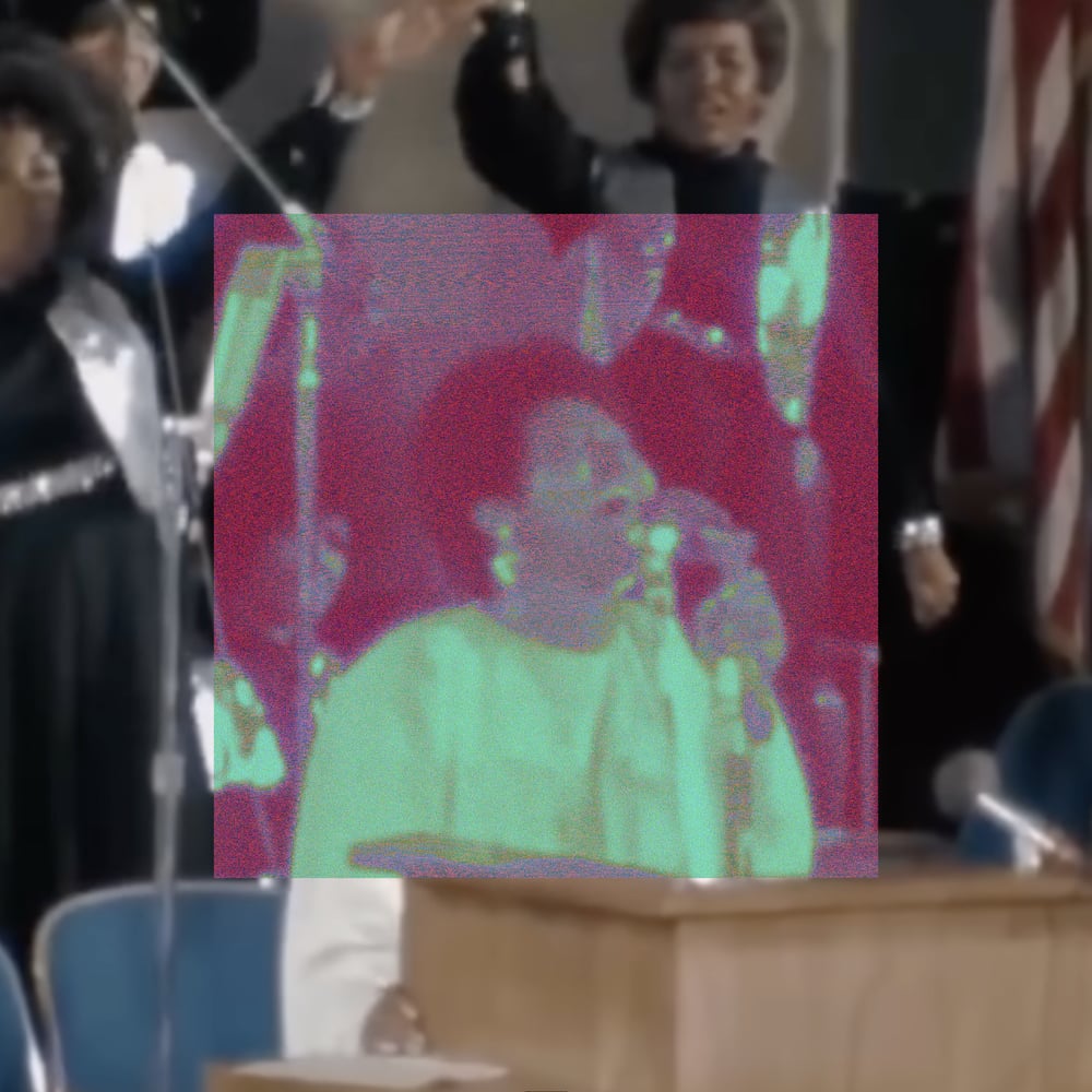 A medium shot of Aretha Franklin singing into a microphone at a church podium, wearing a light-colored outfit. Behind her, robed choir members fill the frame alongside other musicians; an American flag is visible in the upper right. A large centered square covering roughly half the image is filled with intense magenta and lime green distortion, inverting and oversaturating the original warm film tones where Aretha stands.