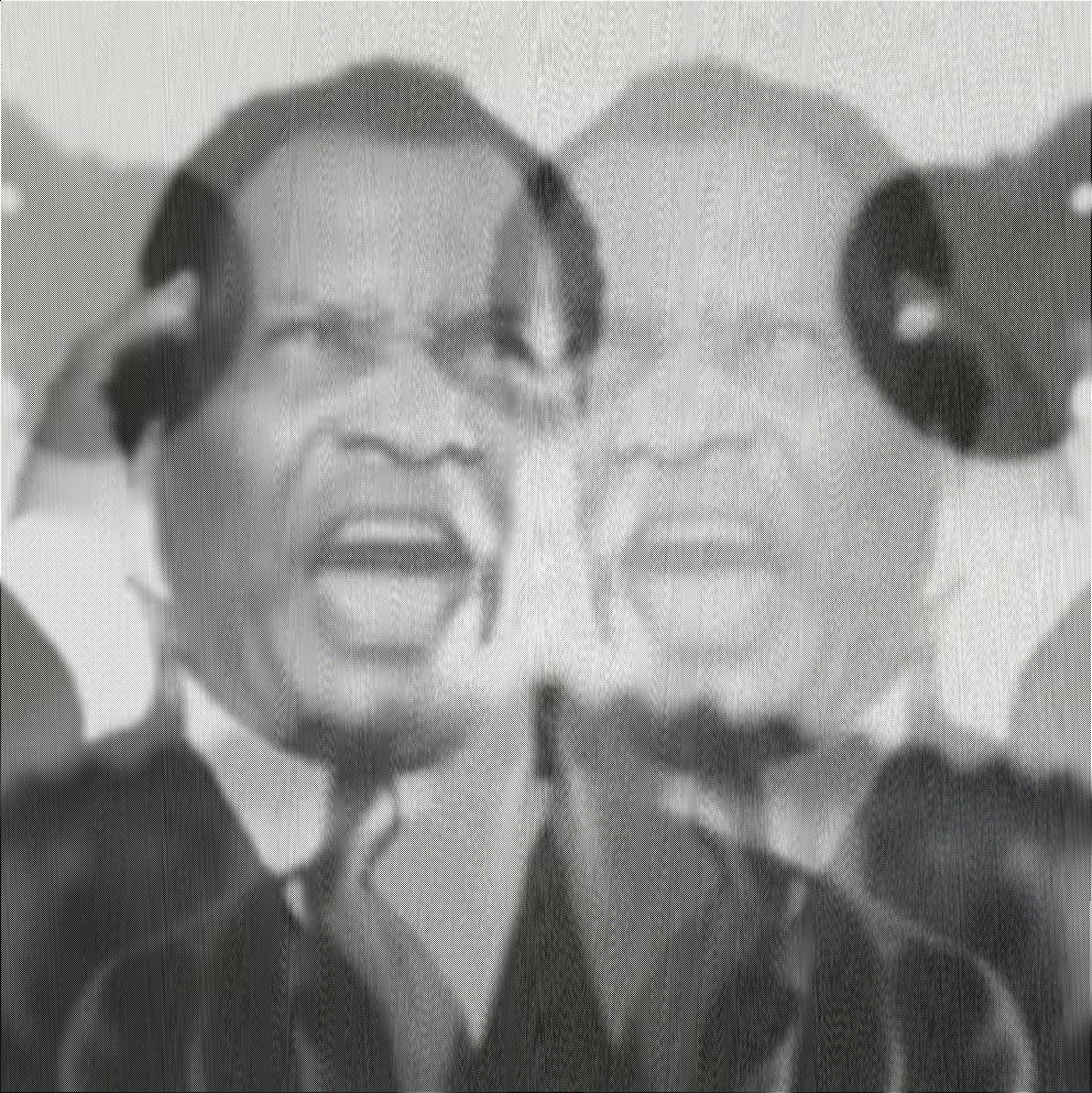 A black and white close-up of Paul Robeson's face with his mouth wide open in song, occupying the left half of the frame. The right half dissolves into abstract pale and dark smears where the grainy television image has been displaced, and a cluster of microphone silhouettes rises across the bottom of the frame.