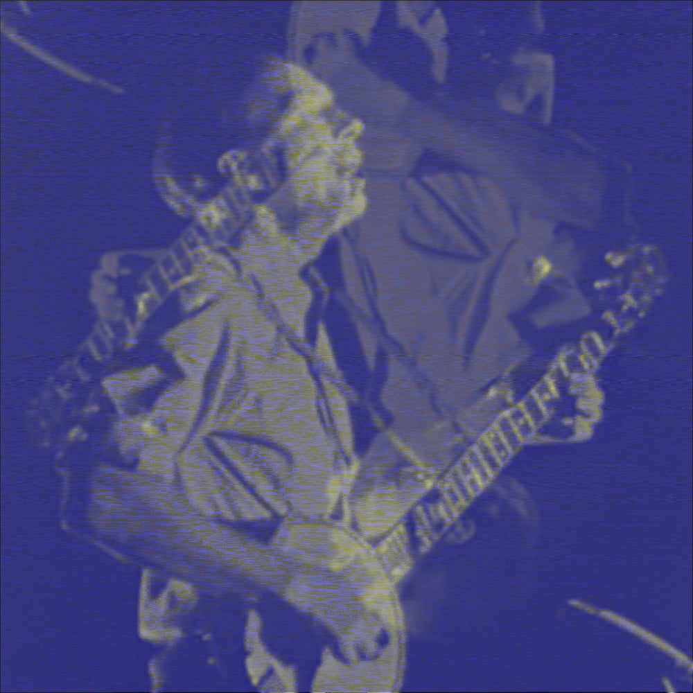 A two-tone rendering — the background cast in deep indigo and cobalt blue while Pete Seeger and his banjo emerge in contrasting yellow-olive tones. He plays with his body angled back and the banjo's neck raised upward, audience members faintly visible behind him; the banjo's frets and tuning pegs are clearly legible.