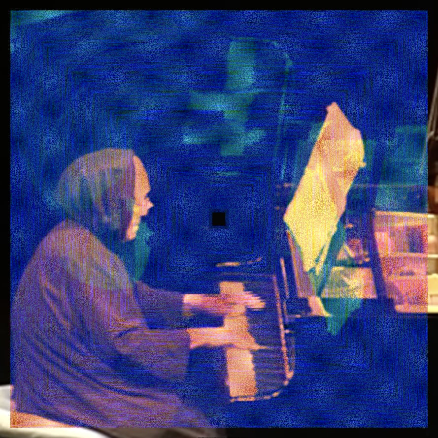 An intimate image of an elderly woman seated at a grand piano, shown in profile facing right with her hands on the keys — rendered almost entirely in deep cobalt blue. Faint concentric squares radiate from a small black square at the exact center, the sheet music on the stand glows bright yellow, and scattered yellow-gold patches break through the blue around the keys and lower frame. A sliver of warm orange room detail survives along the right edge.